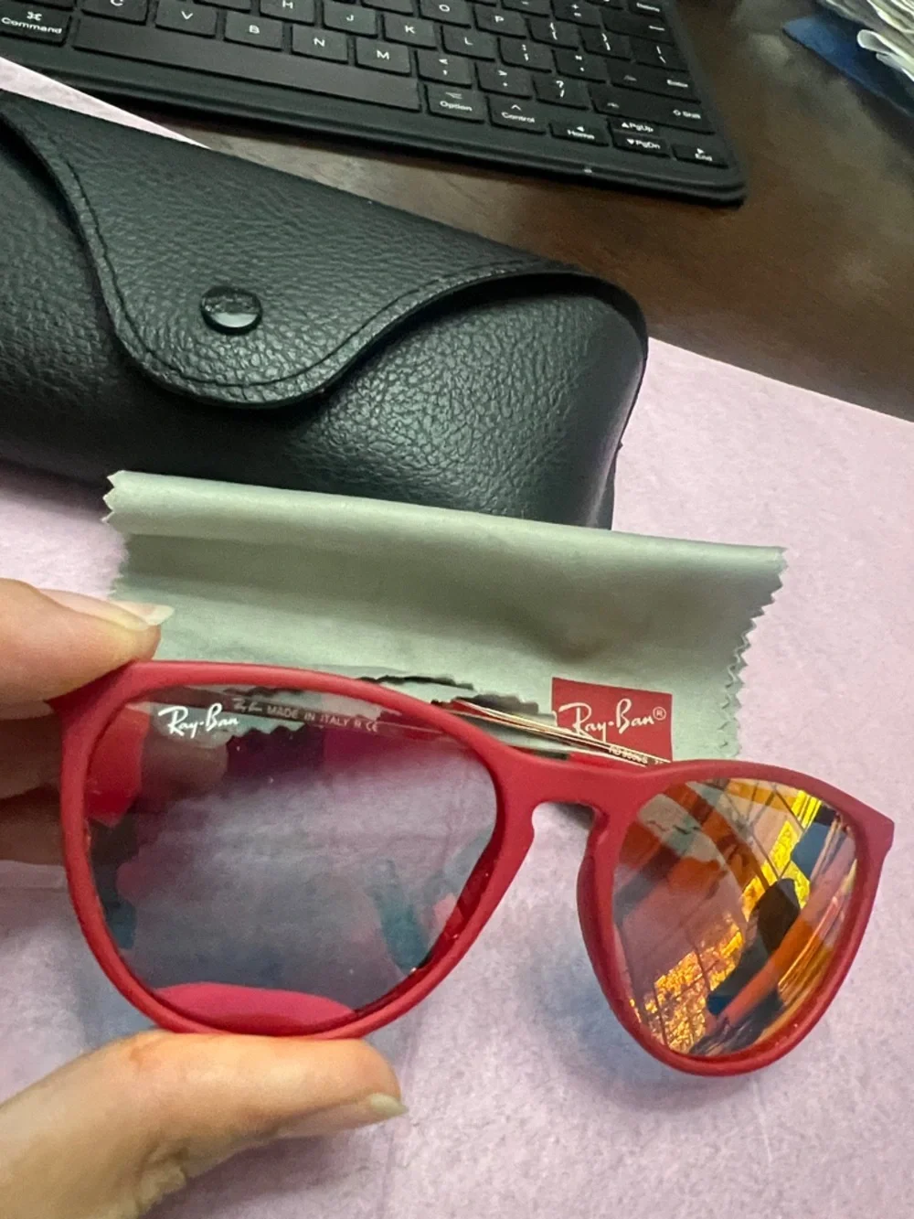 Ray-Ban Junior Red Frame Sunglasses with Tinted Lenses Length 5” width 2”